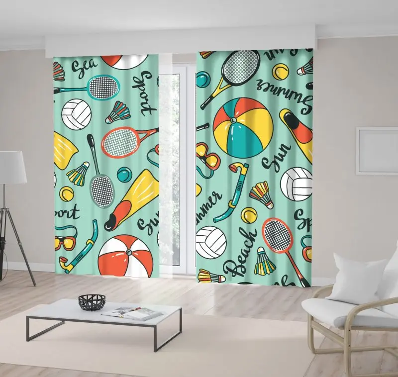 

Curtain Volleyball Diving Badminton and Tennis Icons Summer Beach Sports Fun Art Printed Light Green Orange White