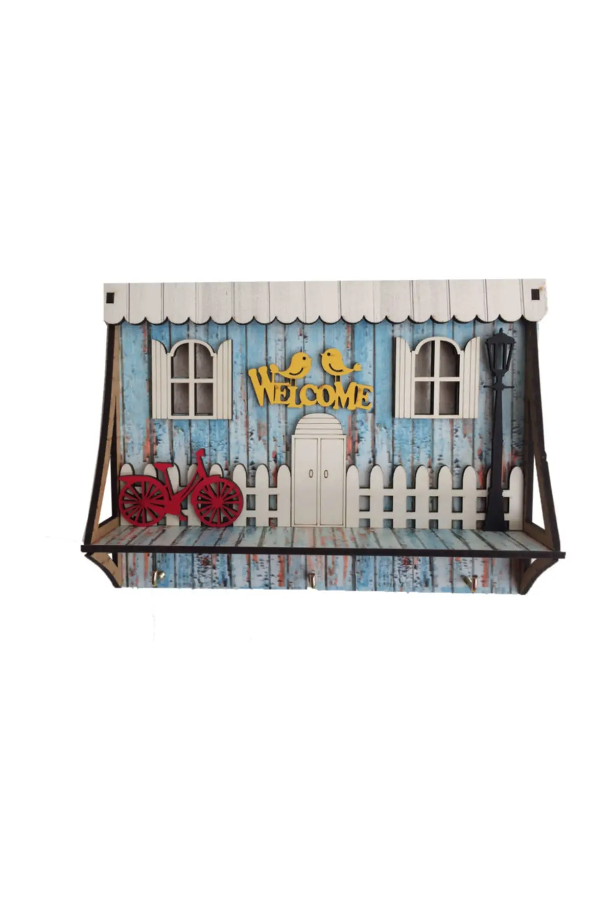 

Wall Hanging Tumbled Blue Wood Key Hanger Holder Organizer Rectangle House Shape Rack Hooks Home Decoration