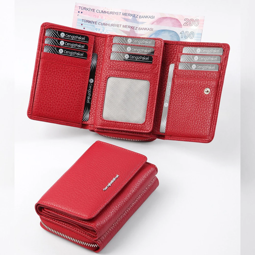 CengizPakel Fashion Women's Wallet Female Short Genuine Leather Pouch Handbag For Women Coin Purses Card Holder Red Burgundy