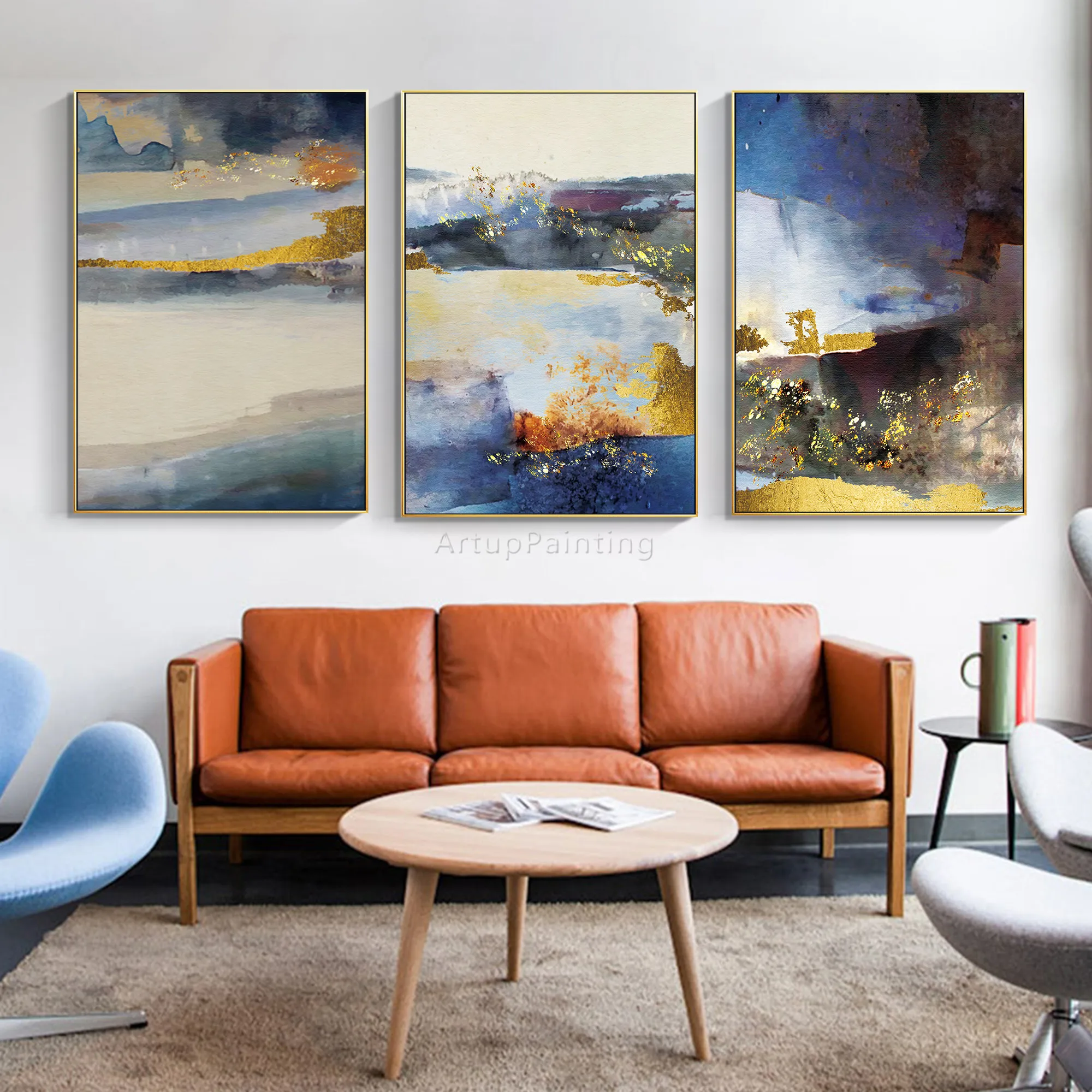 

Set of 3 Blue Gold Beige Canvas Painting Modern abstract Original Large wall art Flower Acrylic Painting living room Home decor