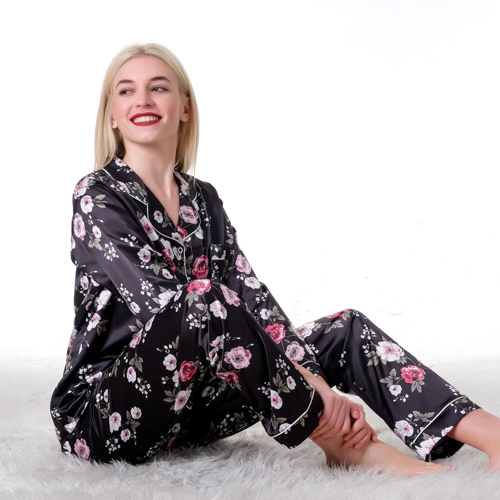 

2021 Women Pajamas Set Sleepwear Buttoned Long Sleeve Girls Sexy Lingerie Nightwear Silk Satin Pyjamas Suit 2 Peaces Black Sleep