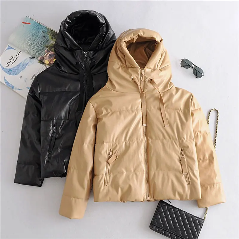 

2020 Women Fashion PU Leather Coats Women Elegant Zipper Cotton Jackets Female Ladies IT Fandy Lokar Hooded Faux Leather Parkas