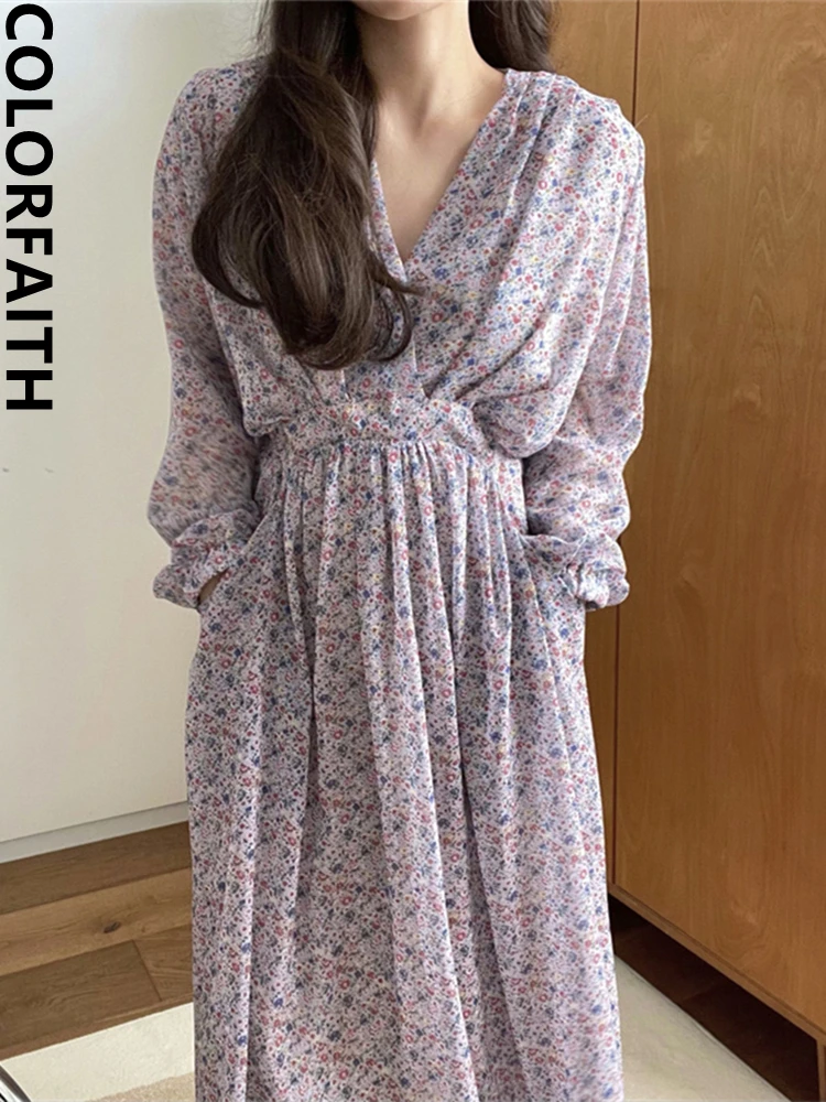 

Colorfaith New 2022 Floral Korean Fashion Elegant Lady Lace Up Vintage Chic Oversized Lady Women Spring Summer Long Dress DR9022