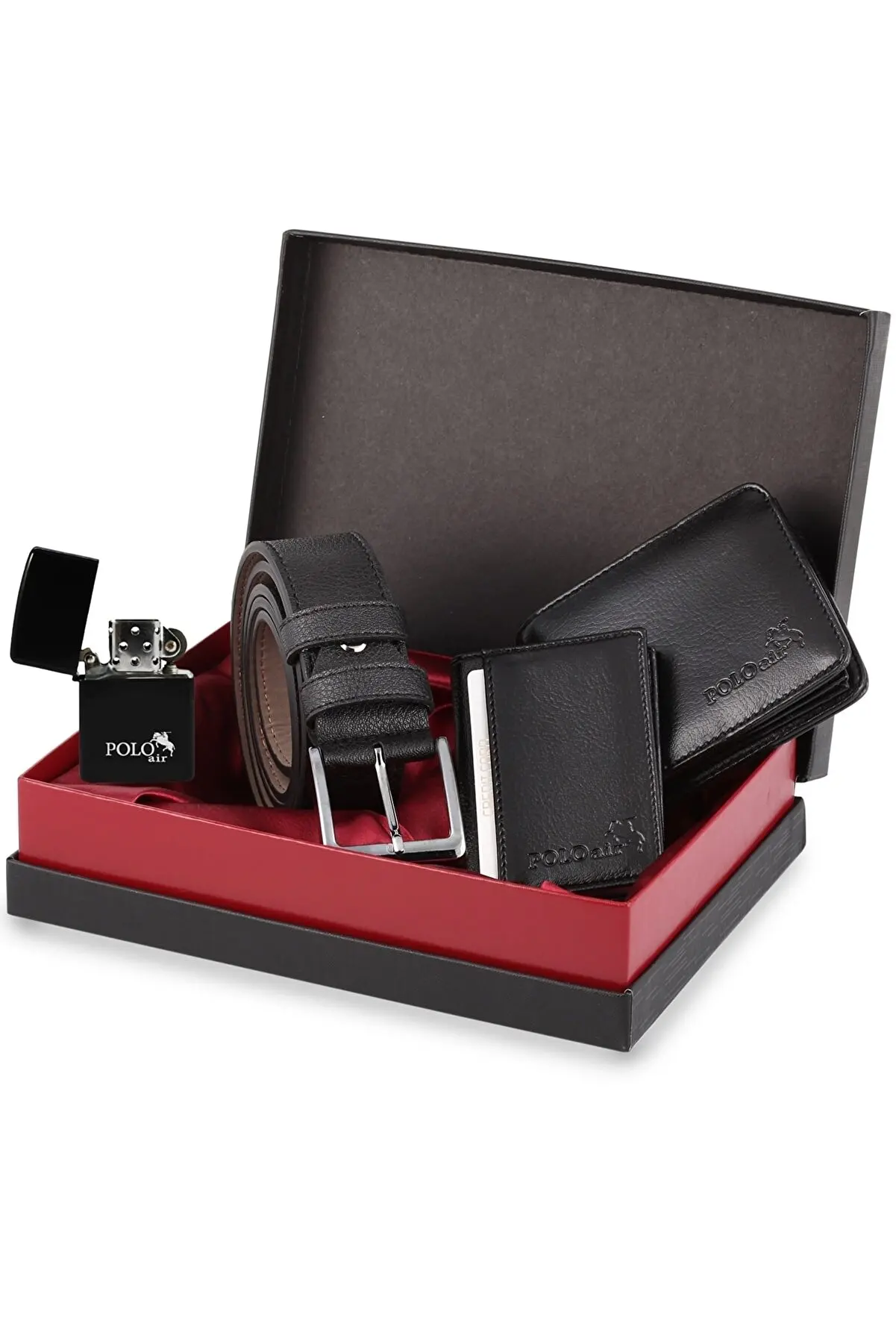 Boxed Black Classic Men's Wallet Belt Card Holder Gasoline Lighter Set