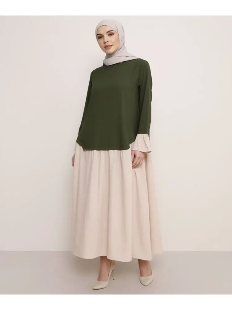 

Two-Tone topped Neck Maxi Dress Hijab 2021 New Boy Summer Clothing Cotton Long Sleeve Dresses Women's Elegant Fashion