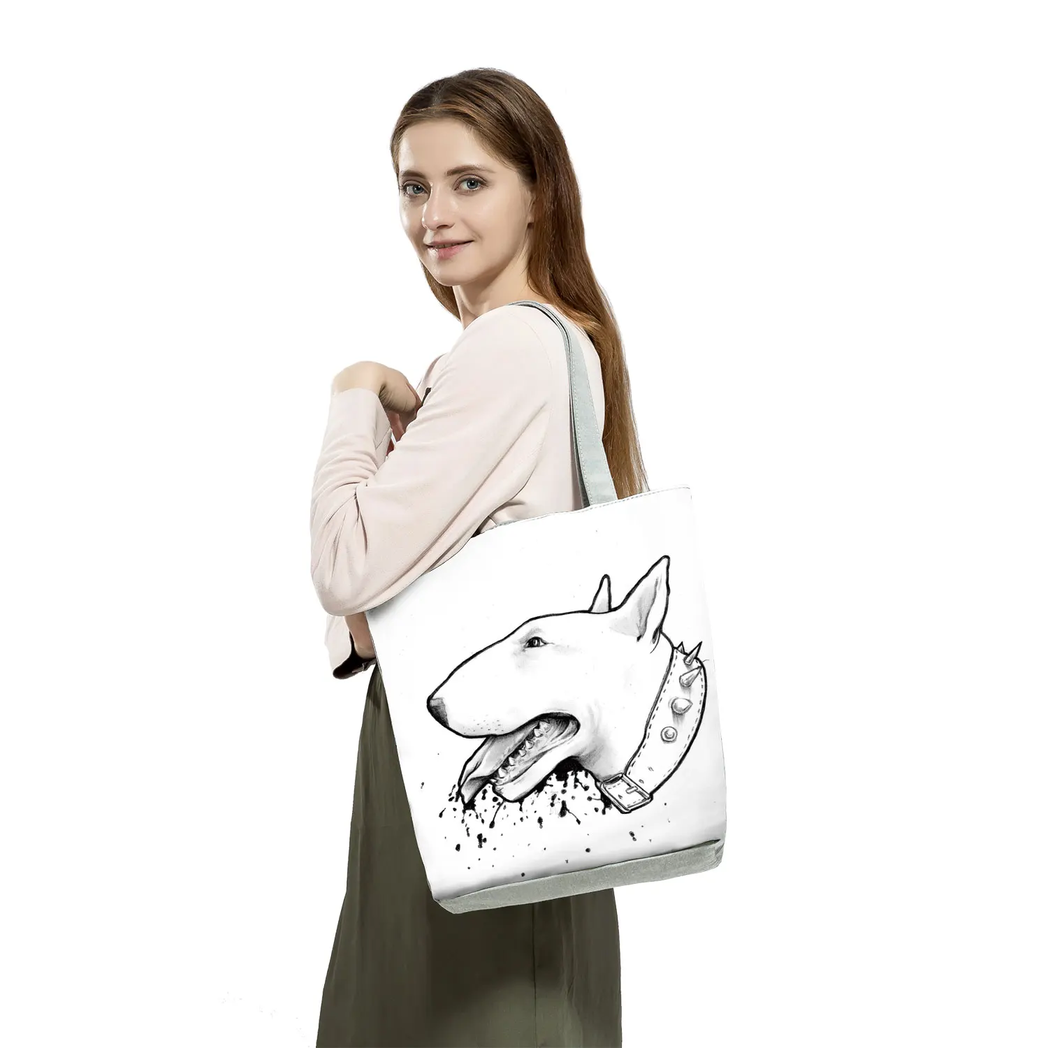 Color Painting Funny Bull Terrier Dog Print Shopping Bags Animal Tote Women Ladies Casual Handbag School Traveling Shoulder Bag