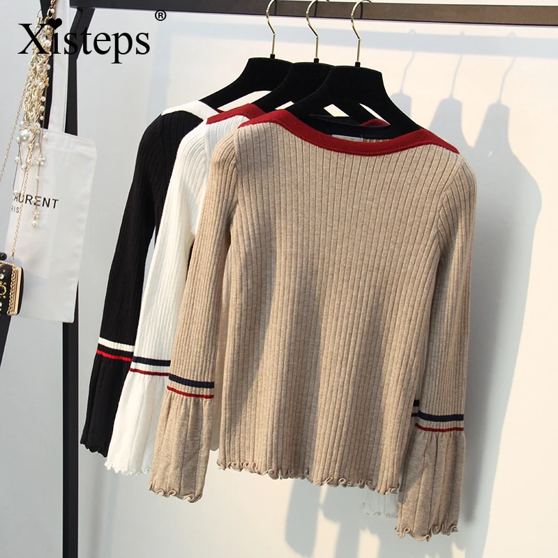 

Зимние вязаные теплые свитера Xisteps, пуловеры для женщин, длинные расклешенные рукава, складки, упаковка, цветные женские рубашки, повседневн...