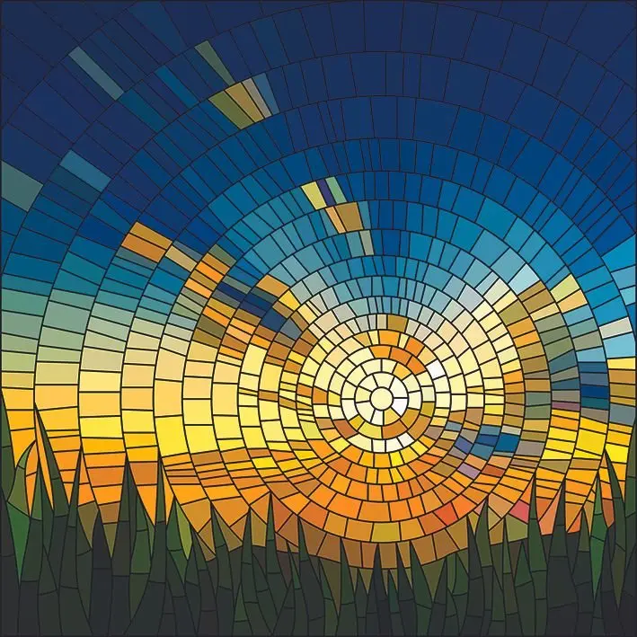 

Curtain Stained Glass Window with Sunrise Blue Sky Yellow Orange Horizon Green Grasses Nature Artwork Print