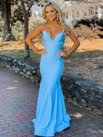 mermaid blue sexy backless long prom dress v neck evening dress sleeveless mermaid spaghetti straps formal party dress 2022