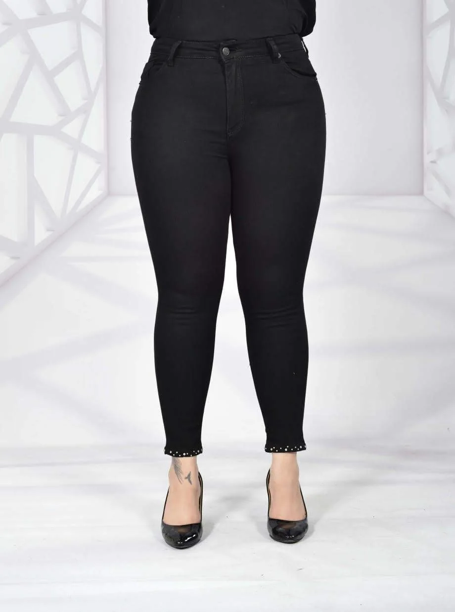 Diaves Women Plus Size High Waist Skinny Ankle Pearl Stone Pattern Detailed Blue Jeans
