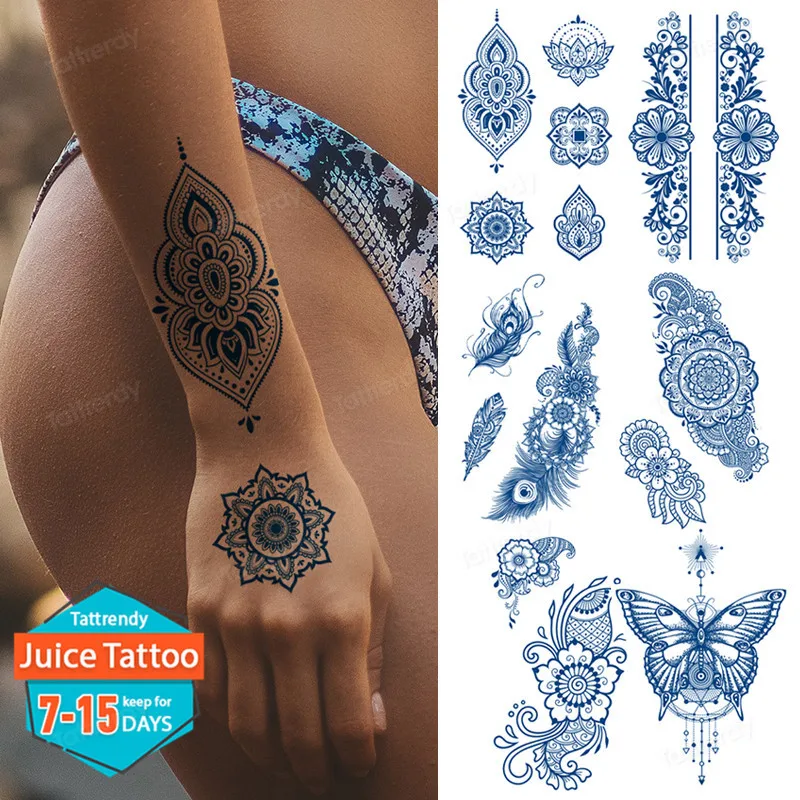 

Juice Ink Tattoos Body Art Lasting Waterproof Temporary Tattoo Sticker Henna Mehndi Tatoo Arm Fake Flowers Hand of Fatima Tatto