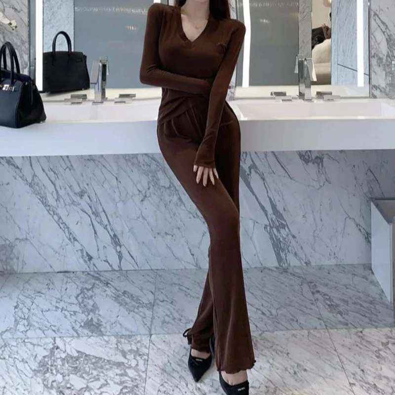 

Women Autumn Fashion Outfits Long Sleeve V Neck Tops+High Waist Straight Pant 2 Piece Set Femme Outerwear Elegant Trouser Suit