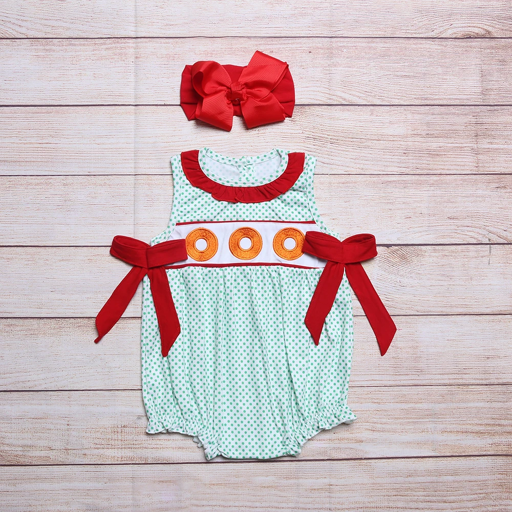 

Summer Girls Clothes Green polka-dot Sleeveless Red Bow Three Donuts Embroidery Pattern Toddler Baby Rompers