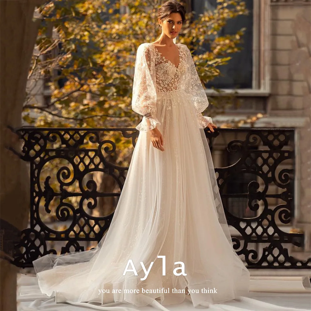 

Romantic French A-line Wedding Dress With 3D Flowers V-neck Bride Dress Puffy Sleeves Bridal Gown Bride Robe Vestidos De Boda