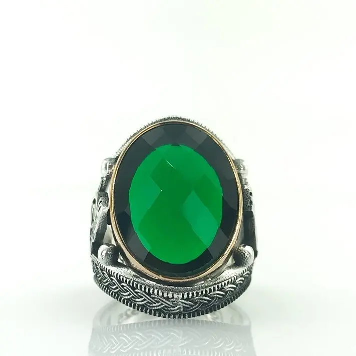 Emerald green Big Oval Cut Tuğra Silver Men 'S Ring