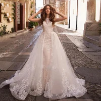 luxury mermaid wedding dresses sleeveless detachable train 2 in 1 lace