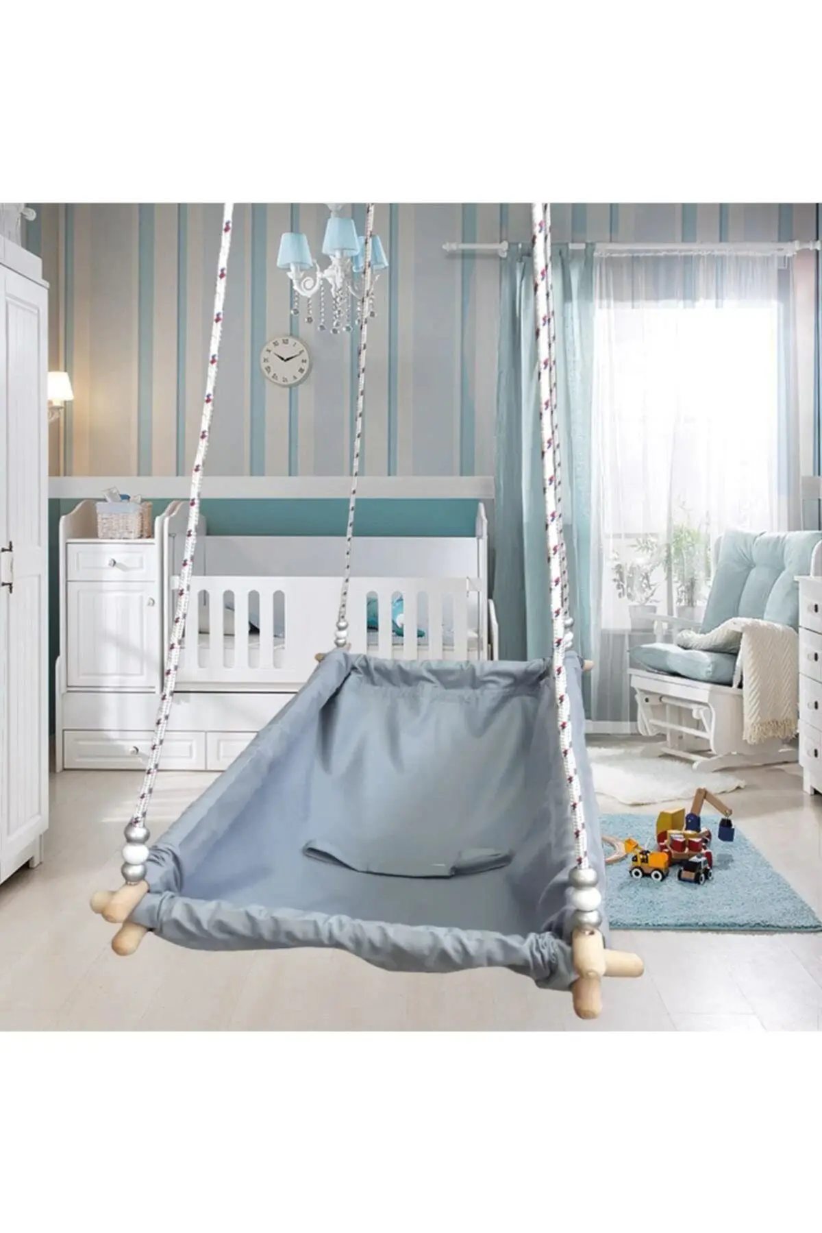 Home Decor Kids Room Wood Spring Hoppy Hammock Cradle Whoops Ceiling Hanging Swing Baby Bed Iskota Wire Rope