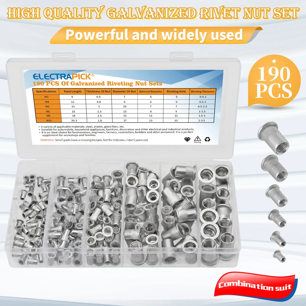 

190pcs Rivetnuts Blind Set Nutserts Threaded Insert Nutsert Cap Flat Head Rivet Nuts Carbon Steel M3 M4 M5 M6 M8 M10