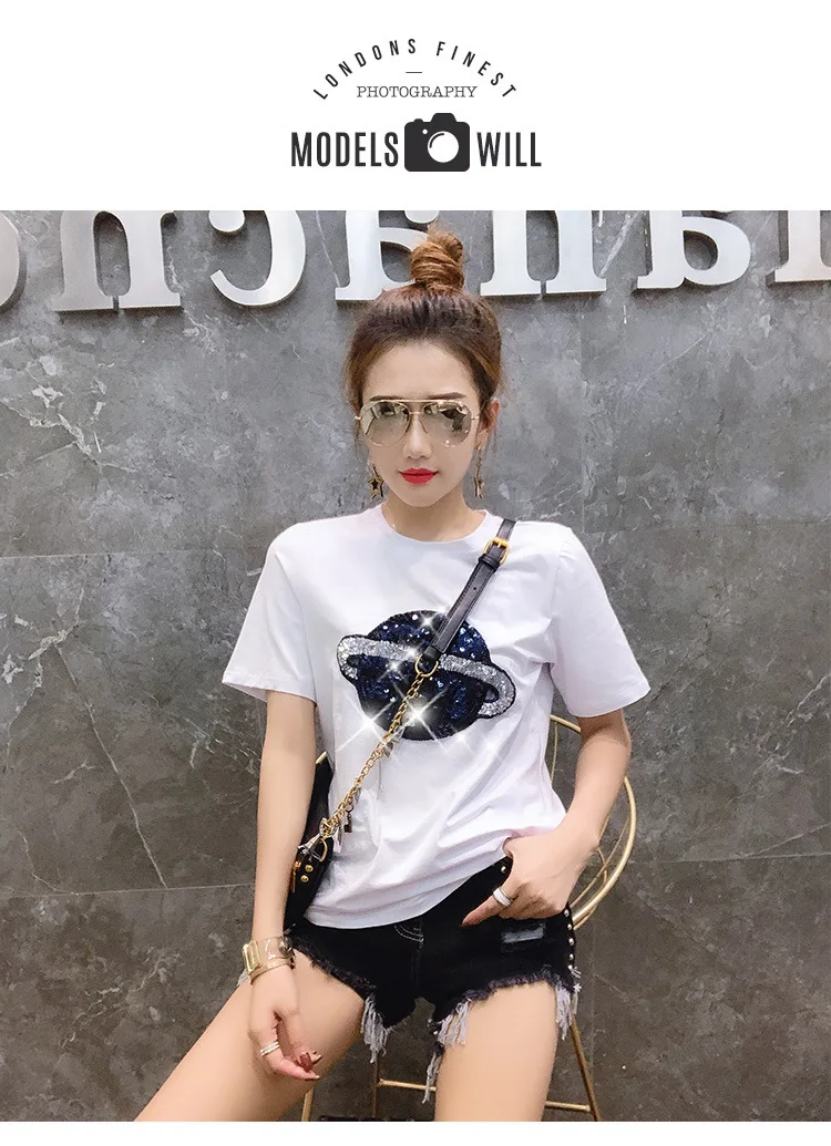 

Women's short sleeve 2021 web celebrity spring and summer with the new loose star sequins short sleeve T-shirt women