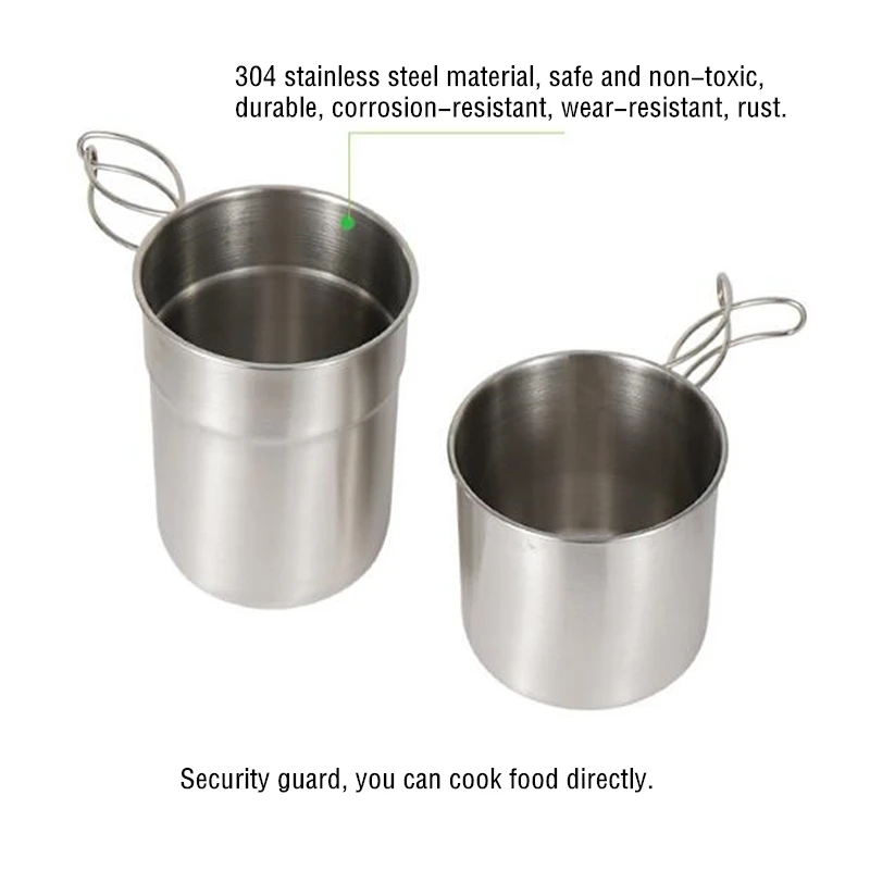 2Pcs Stainless Steel Pot Portable Camping Water Mug Cup with Folding Handle Picnic Cookware Set | Спорт и развлечения