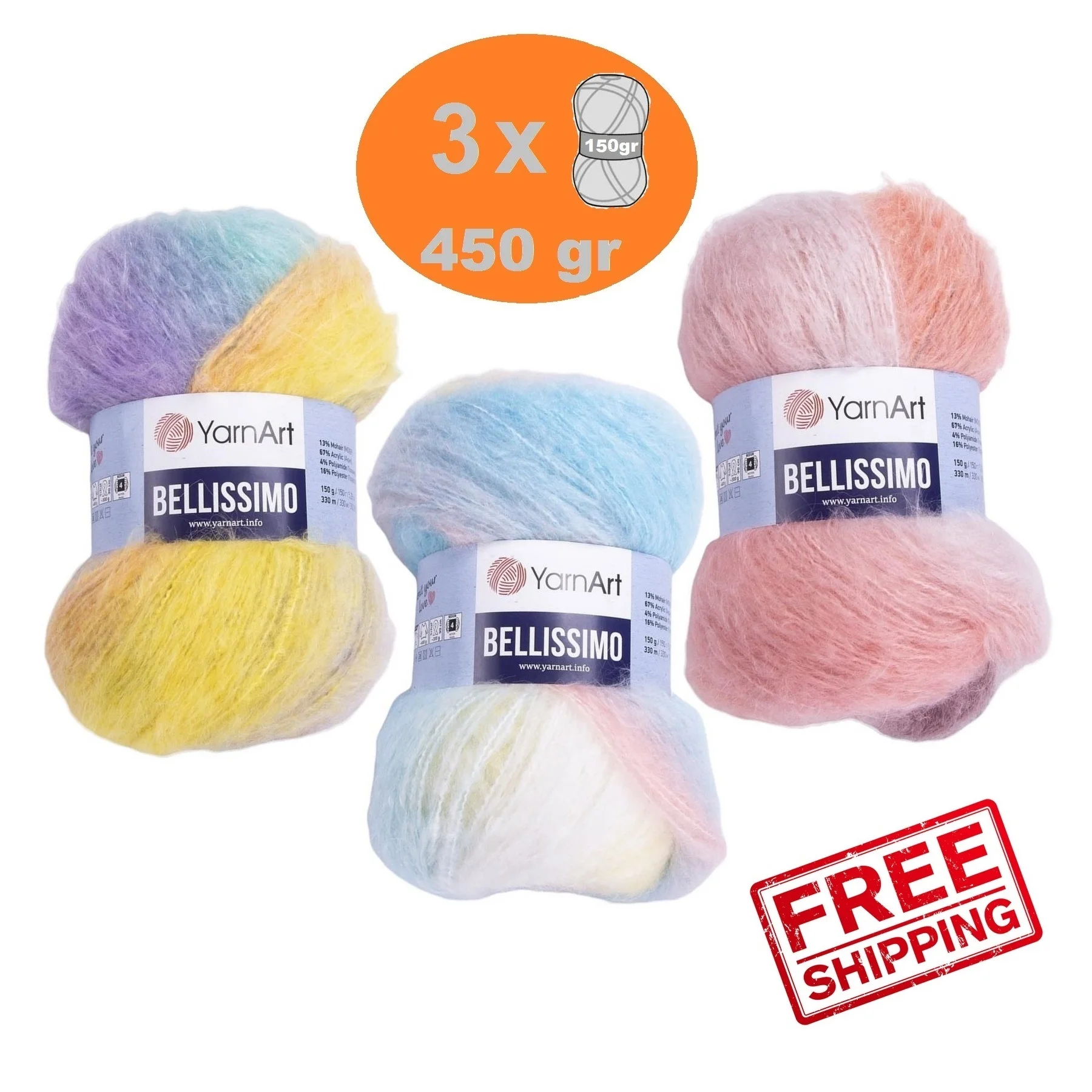 Yarnart Bellissimo ручная вязка крючком Пряжа 3x150gr-330mt % 13 мохеровая шерсть - Цена: 2057.35