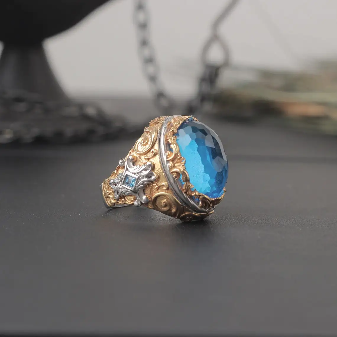 

925 Sterling Silver Blue Topaz GemStone Christian Silver Ring Handmade Cross Ring Men Silver Ring