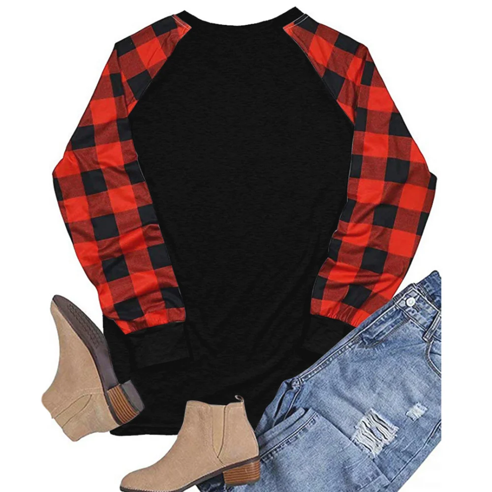 

2020 New Women's tees Chirstmas Tree Print Cartoon Printed Casual Tops Long Sleeve Hoodies Plaid Patchwork top