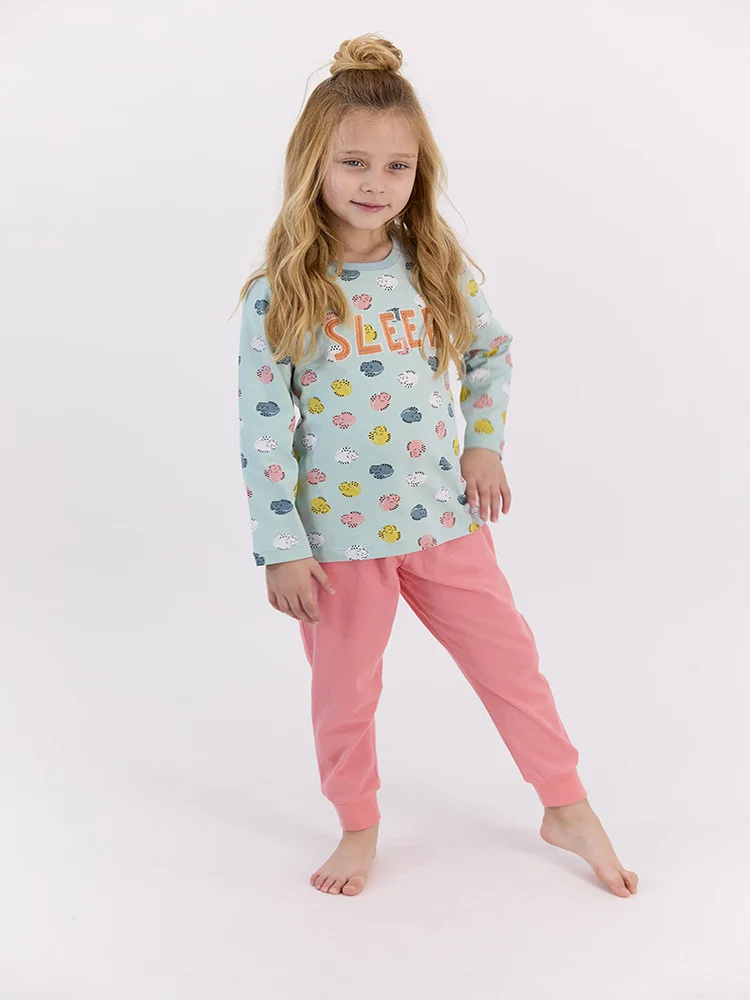 

Cat Patterned Sleep Written Cotton Fabric Mint Girls 2 Piece Pajamas Set New Season For Kids Home Wear