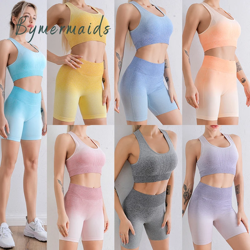 

Bymermaids 2 Piece Seamless Women's Yoga Set Workout Tracksuits Gym Clothing Crop Tops High Waist Shorts Sports Suit for Fitness