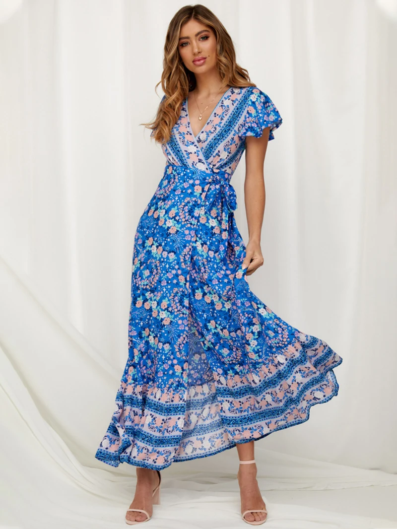 

Women Vacation V-Neck Cardigan Lace-Up Printed Beach Long Dress
