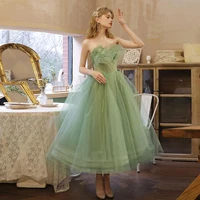 green tulle lace tea length prom dress strapless sweetheart formal dress lace up tiered ball gown dress green homecoming dresses