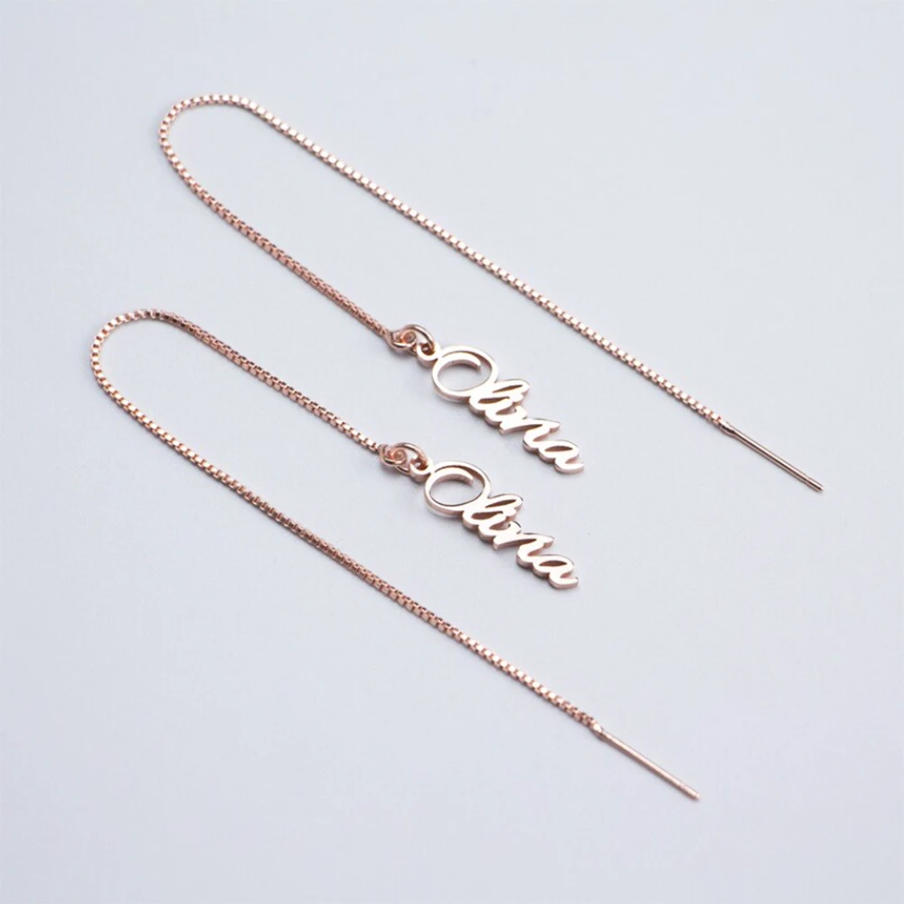 Custom Name Earrings Personalized Name Threader Earrings Gold Stainless Steel Dangle Long Chain Ear Line Ear Chain For Women