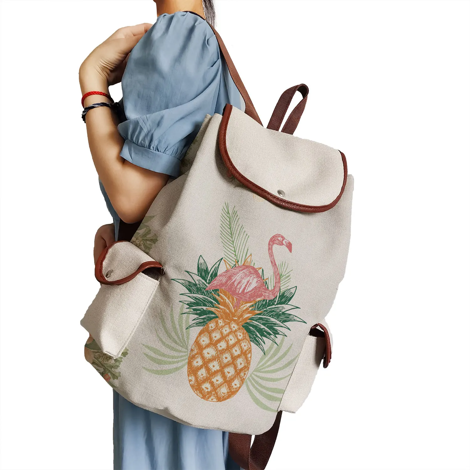 Льняной рюкзак с изображением растений фламинго слона школьная сумка принтом