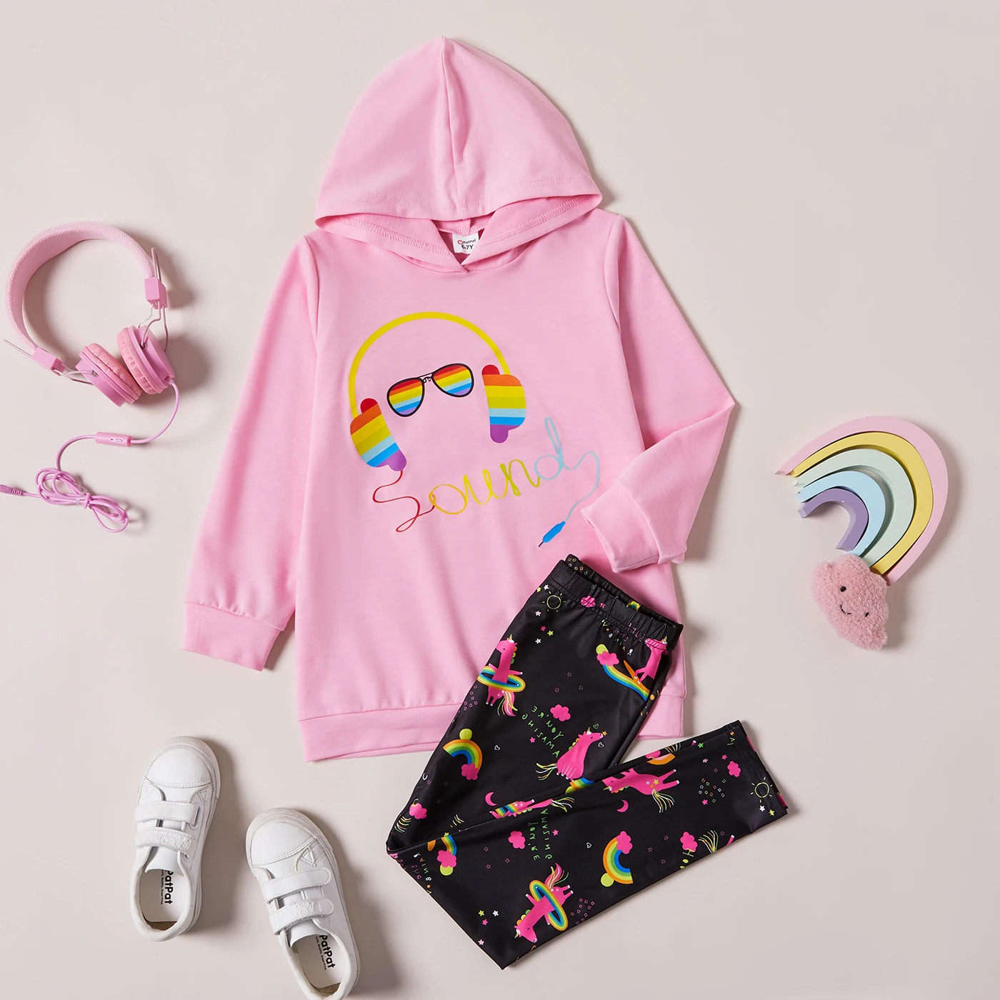 

PatPat 2-piece Kid Girl Headphone Glasses Print Pink Hoodie and Unicorn Rainbow Print Leggings Set