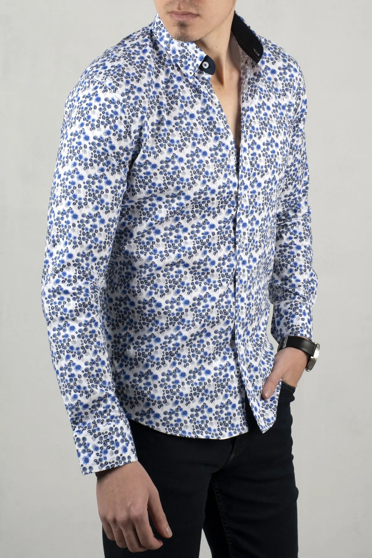 

DeepSEA Saks Blue Tight-Fitting Mold Male Shirt 100 Cotton Flower Print Long Sleeve Casual Business Four Seasons Casual Clothing 2005200