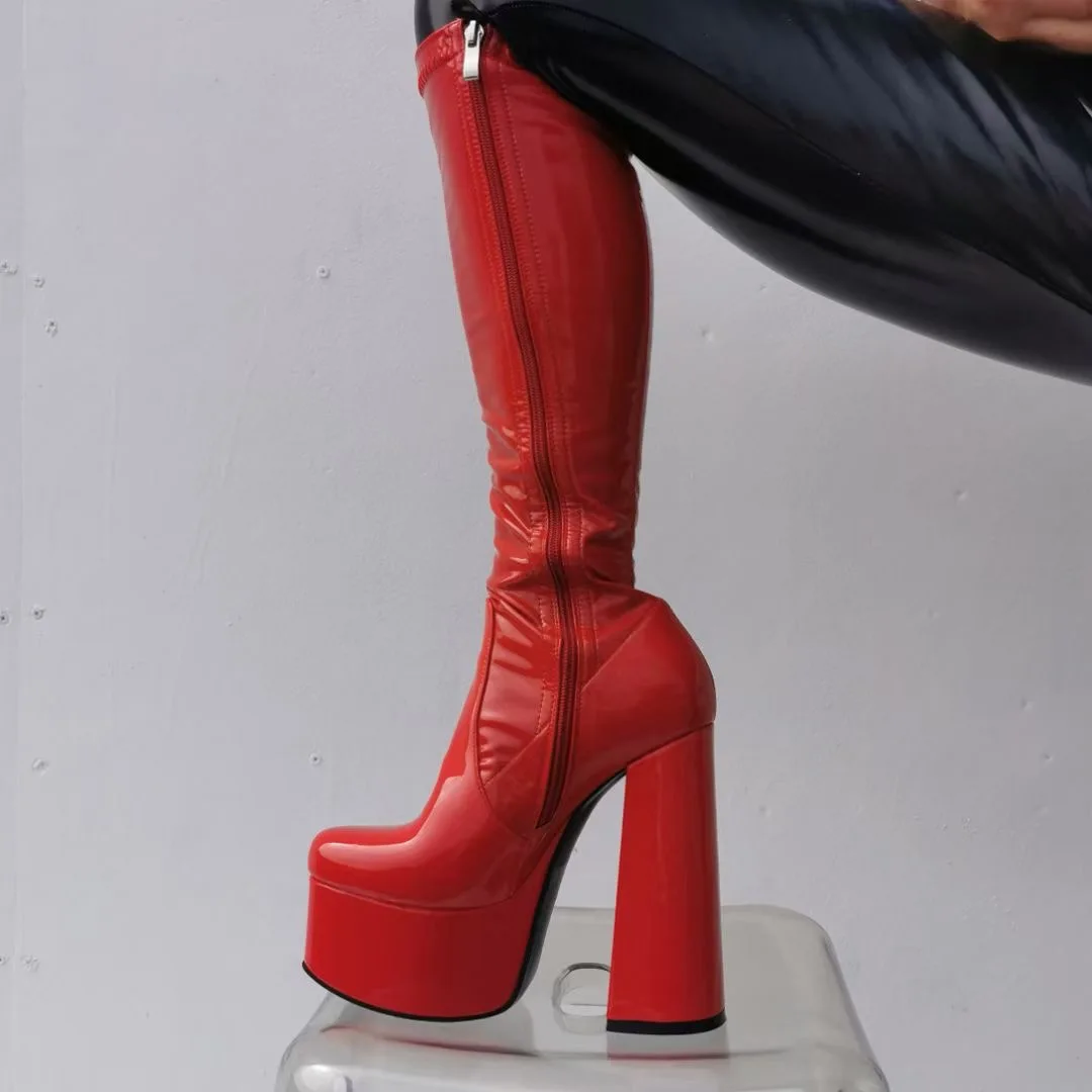 Ladies Red Patent Leather Mirror Platform Boots Knee Boots Side Zipper Plus Size Thick Square Heel Pole Dance Boots Party Shoes