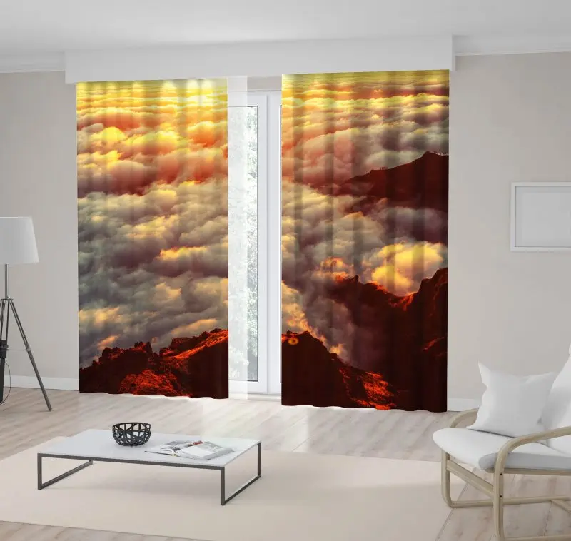

Curtain Sunset on the Hill above Clouds Sunlight Nature Landscape Scenic View Printed Brown Yellow