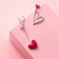korean red heart asymmetric stud earrings for women shiny cubic zirconia long tassel chain earring girl wedding party jewelry