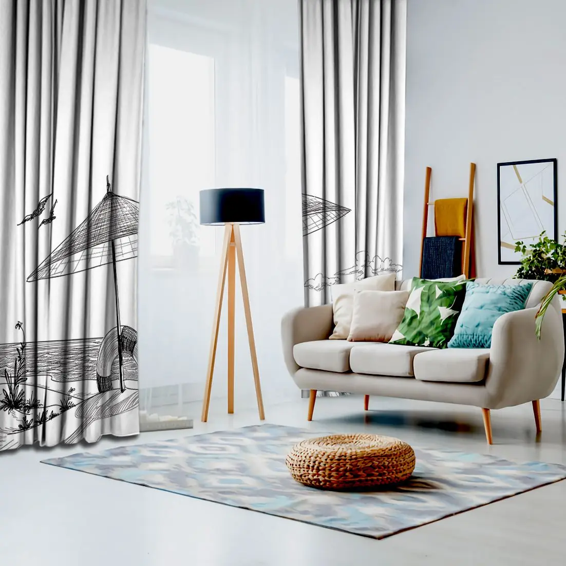 Занавеска Летняя Пляжная чаша лодка зонтик светильник буй природа морской