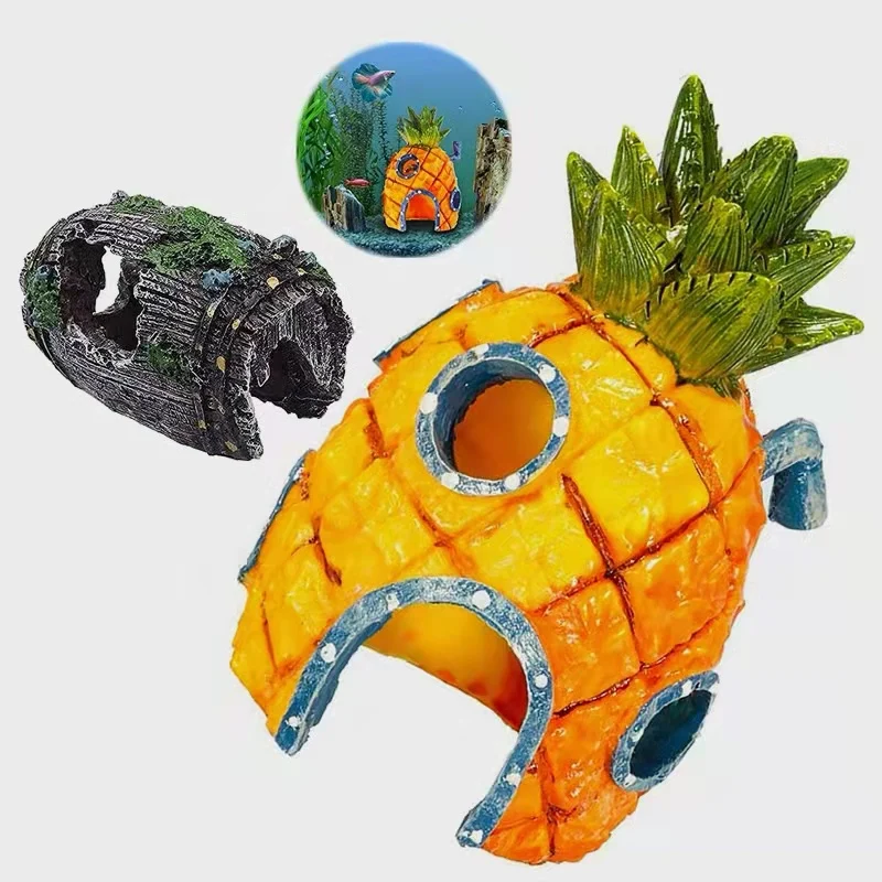 Mascotalland ornaments with cartoon figures for Fish Tank decoration pineapple house aquarium decor fish tank simulation resin and volcano rocks |
