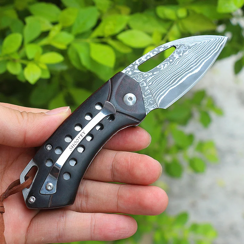 

Damascus Outdoor Folding Knife Small Portable Knife Dalbergia Wooden Handle Gift Fruit Knife 1 PCS
