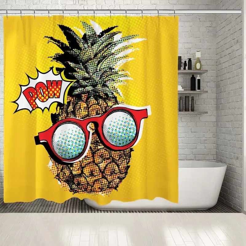 Занавеска для душа Pow ананас с наушниками и очками летний поп арт комикс желтый