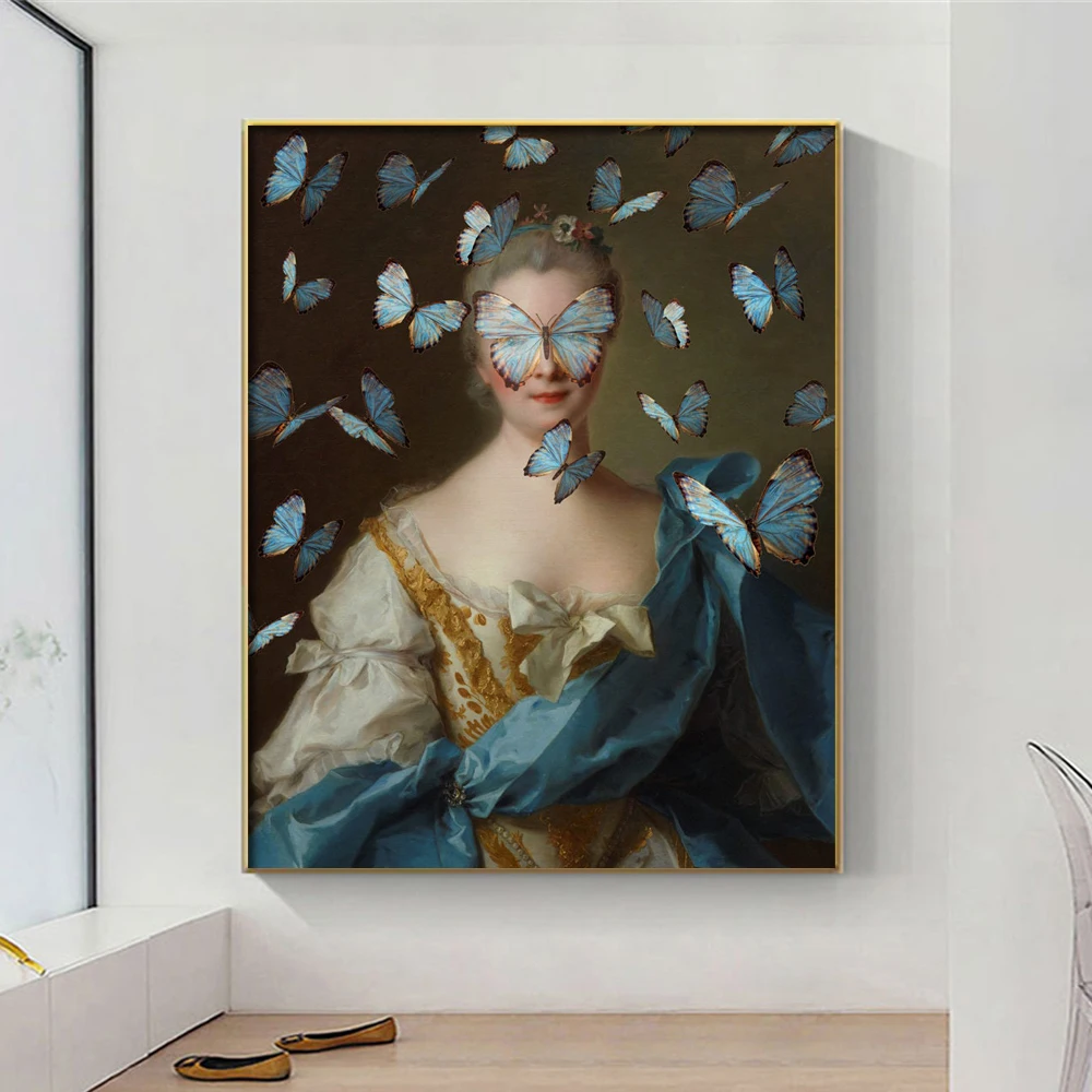 

Altered Vintage Wall Art Prints Antique Baroque Women Gold Blue Butterflies Oil Painting Canvas Poster Gallery Home Room Decor