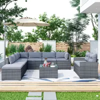 9pcs Outdoor Patio Large Wicker Rattan Sofa Set for Garden Backyard Porch and Poolside Gray Wicker Gray/Beige Cushion[US-Stock]