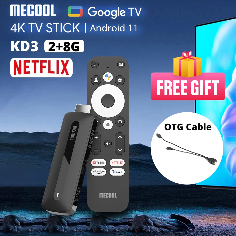 

Mecool 4K TV Stick KD3 For Netflix Android 11 TV With Amlogic S905Y4 2G+8G WiFi 2.4G/5G Prime Video HDR 10 Media Player IP TV