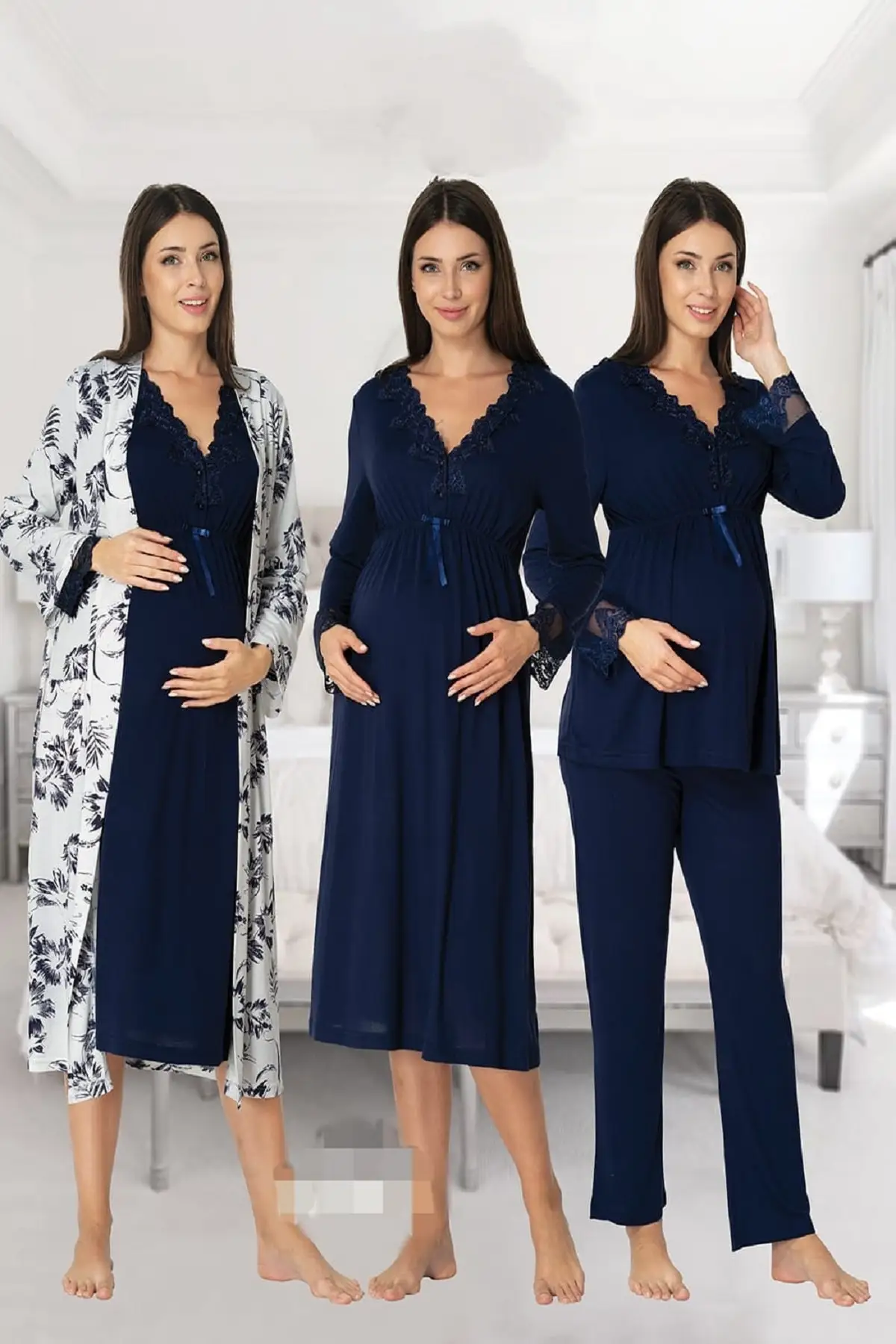 Women's Navy Blue Long Sleeve Pajamas Set Nightgown Dressing Gown Puerperal Maternity 4'lü Set