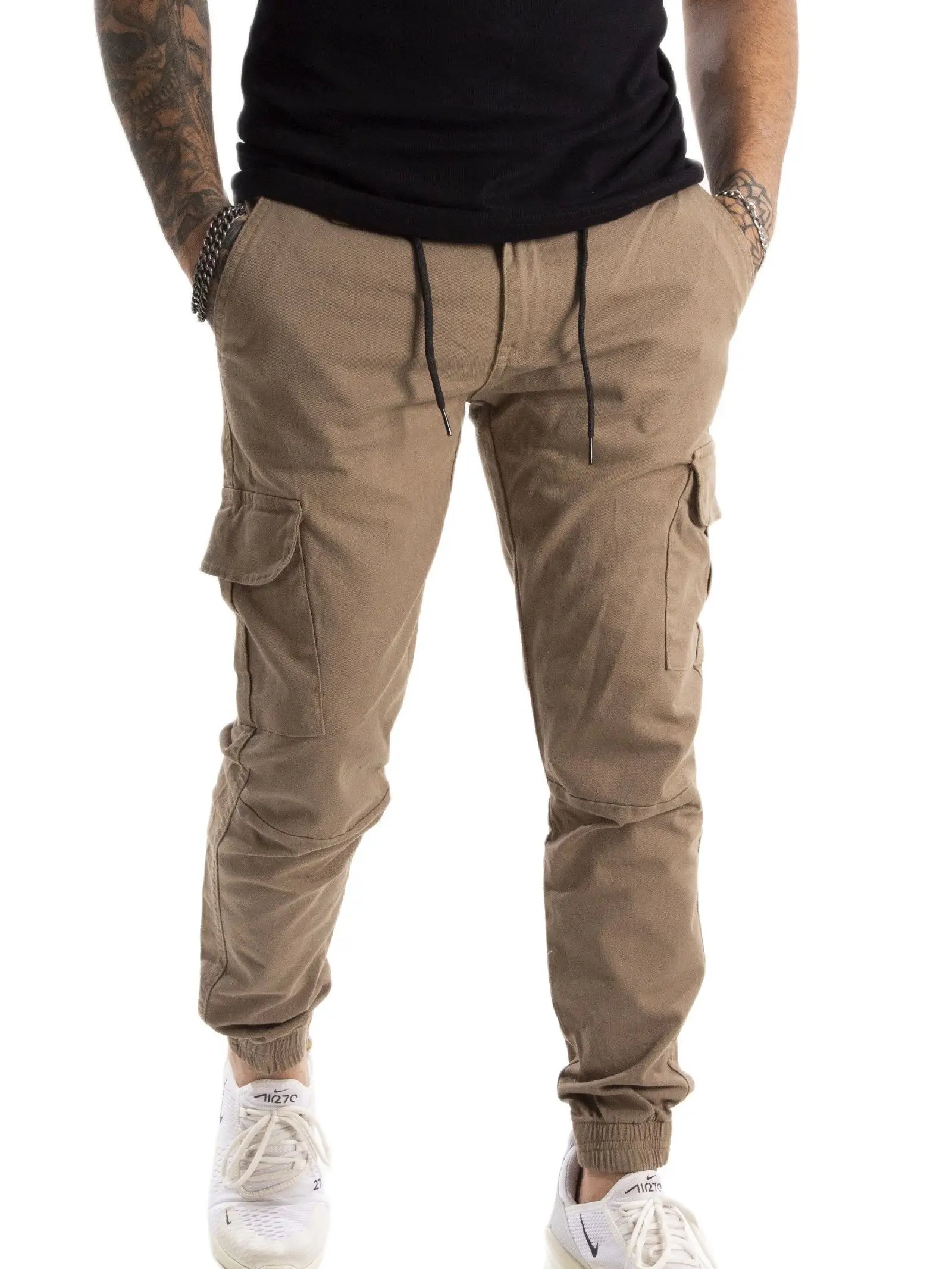 

DeepSEA Male Beige Slim Fit Cargo Pants Bell-Bottomed and Elasticized Waist Military Tactical SWAT Rap Joggers Casual Street Wear 1601569