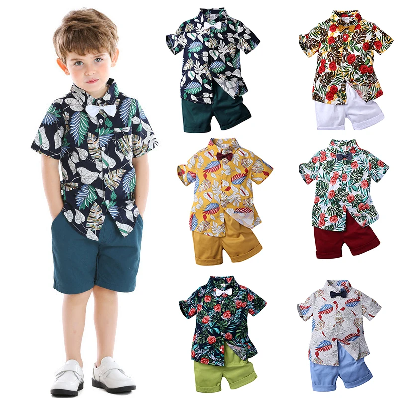 

Boys Short Sleeve Summer Cotton Print Shirt Suit 1-2-6 Baby Casual Beach Wear Fashion Trend Vacation Bow Tie Dress Handsome