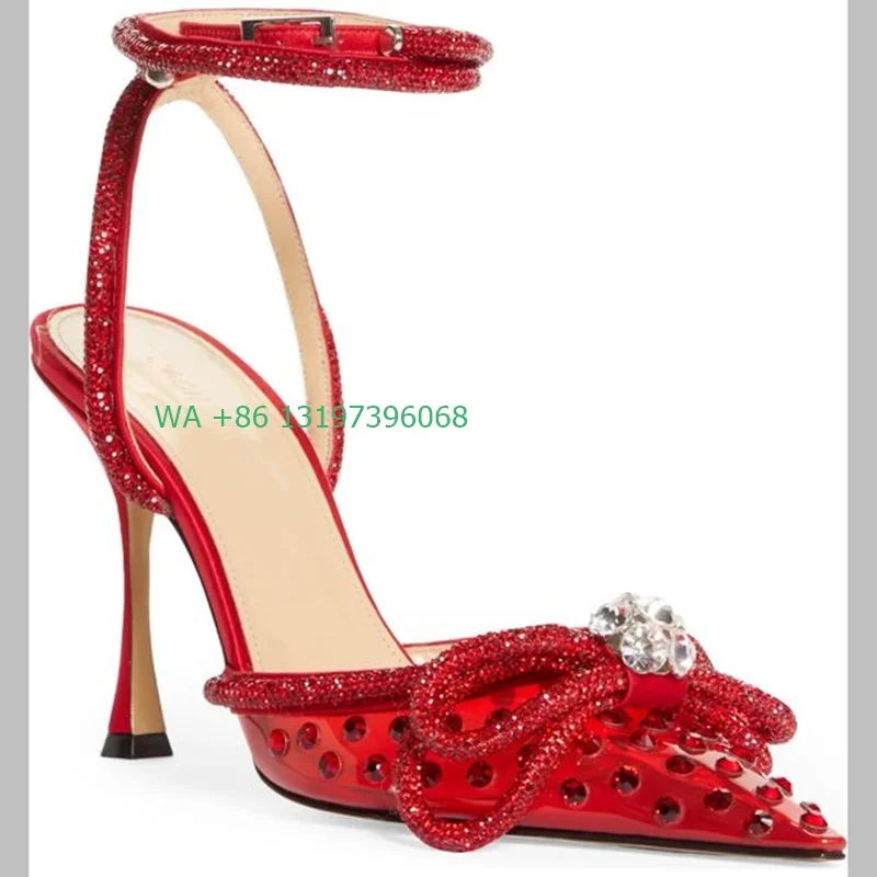 Womens pointed toe red bling bling high heels diamond crystal slippers sexy slingback ankle buckle sandals crystal bow shoes