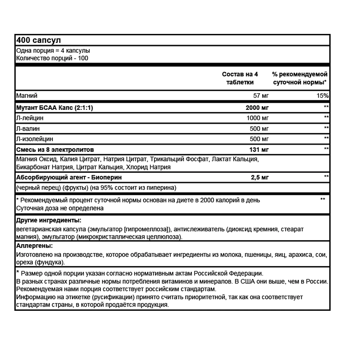 Аминокислоты Mutant ВСАА Capsules 640 мг х 400 капсул |